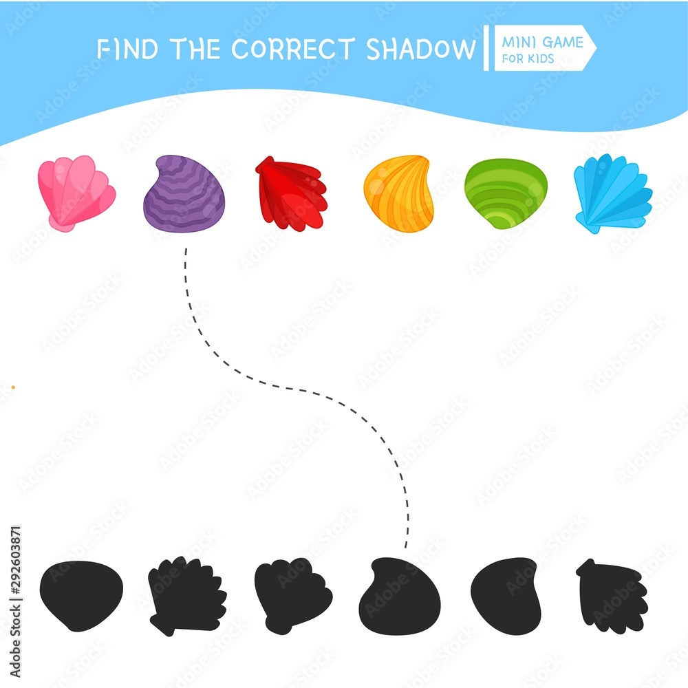 Educational  game for children. Find the right shadow. Kids activity with multi colored seashells.