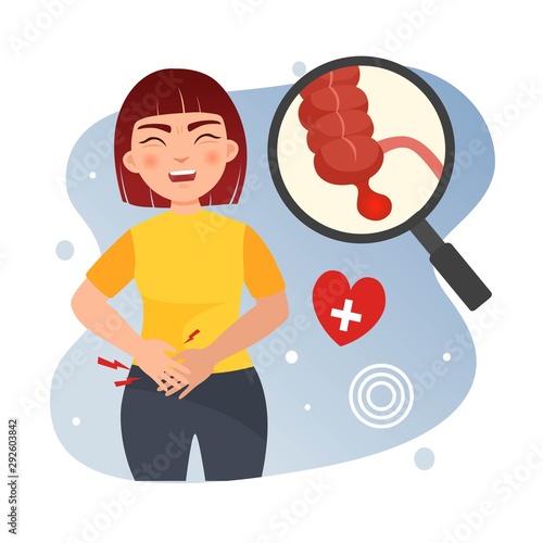 Vector illustration of a cute girl holding on to her stomach. The concept of diseases of the gastrointestinal tract. Appendicitis.