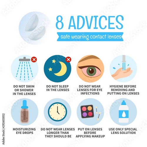 Vector memo 8 advices for wearing contact lenses safely. Eye health concept.