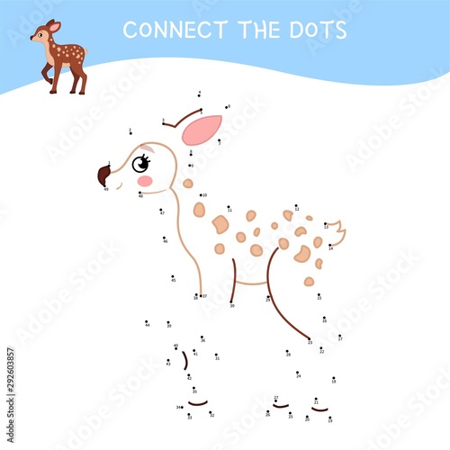 Educational game for kids. Dot to dot game for children. Cartoon cute fawn. Forest animals.