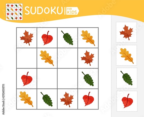 Sudoku game for children with pictures. Kids activity sheet. Cartoon leaves.
