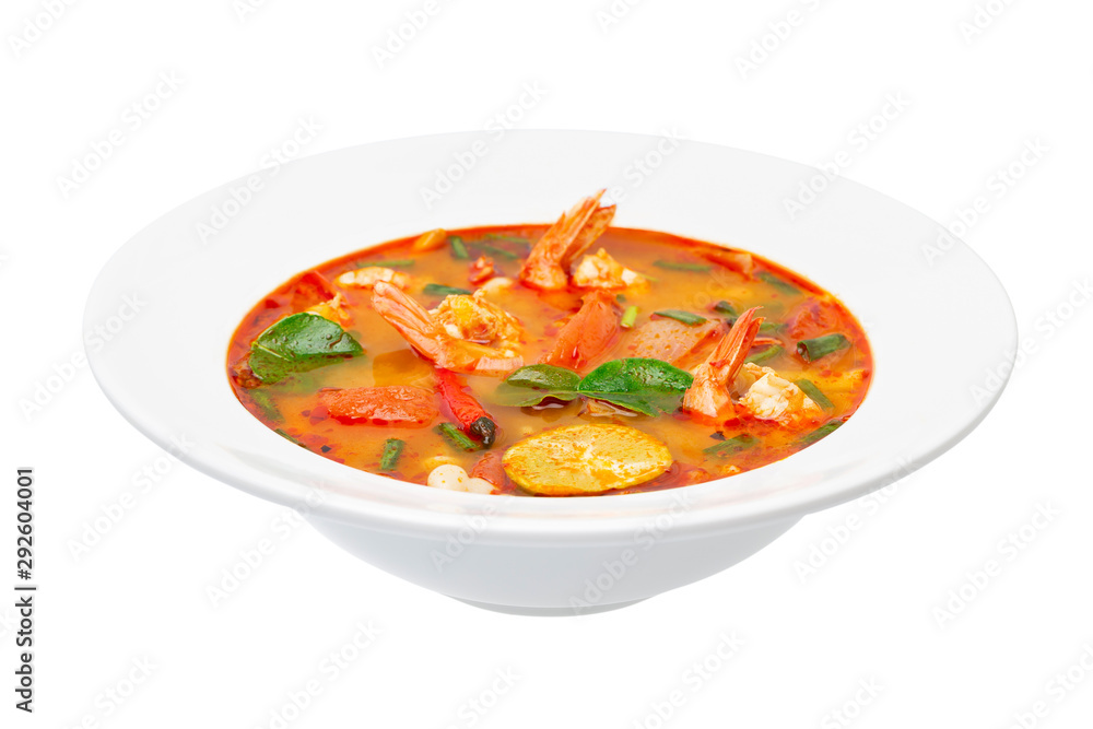 Closeup plate of traditional thai soup - tom yum kung isolated at white background. Closeup plate of traditional thai soup - tom yum kung isolated at white background.