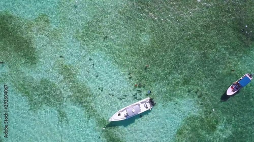 Drone Shot directly above a tourist boat in the clear waters off the coast of Caye Caulker, Belize. Tourists can be seen snorkeling and swimming with sharks.  photo