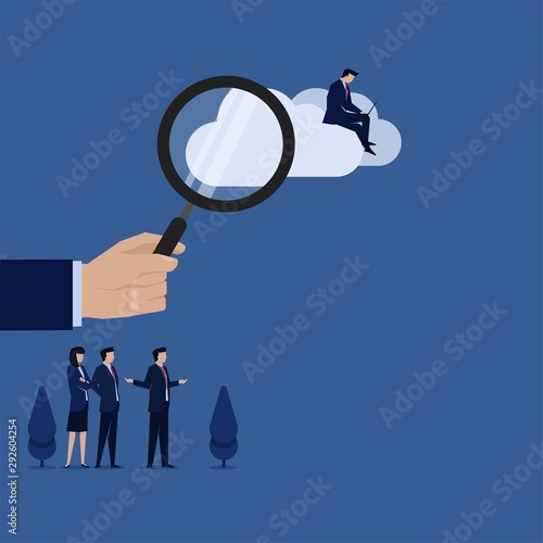 Business flat vector concept hand hold magnify and businessman work on cloud metaphor of cloud searching.