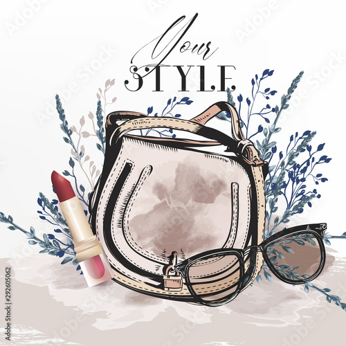 Elegant vector fashion illustration with stylish female bag, glasses and flowers