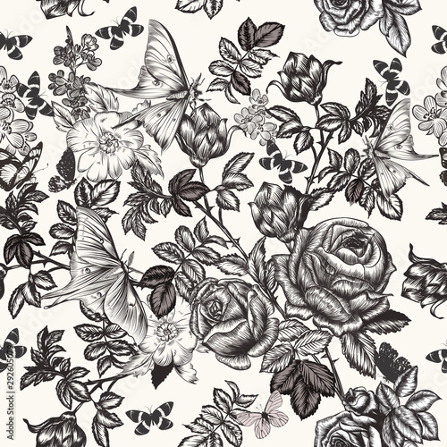 Elegant floral vector vintage pattern with roses, flowers and butterflies