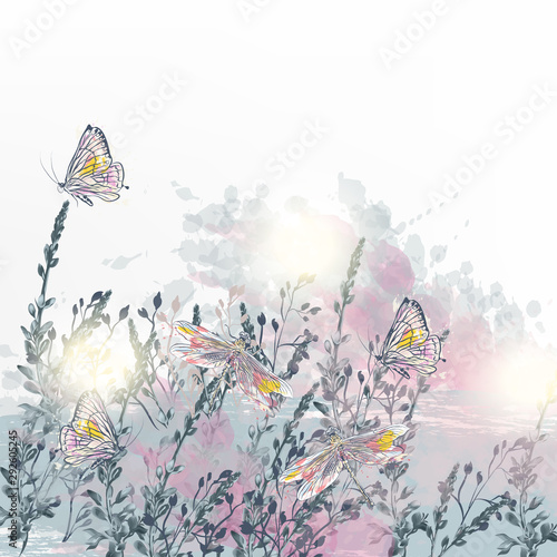 Elegant vector floral illustration with dragonfly, butterflies and flowers