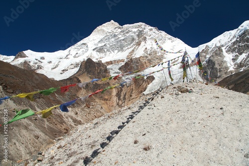 Mount Makalu and buddhist prayer flags, Nepal Himalayas