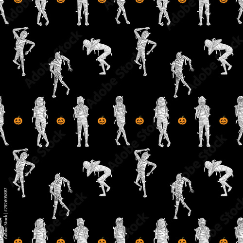 Halloween Scary mummy cartoon character seamless pattern