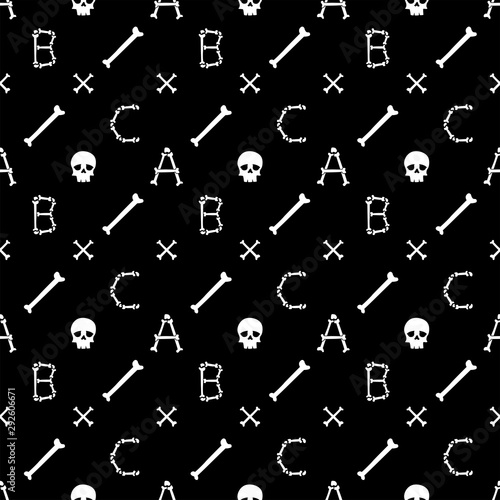 Halloween background.Seamless vector pattern with bones scary font latin alphabet