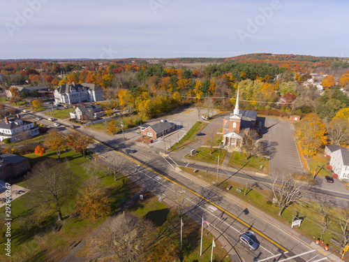 Tewksbury Congregational Church aerial view in historic town center in fall, Tewksbury, Massachusetts, MA, USA. photo