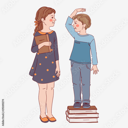 Little girl and boy measuring their height