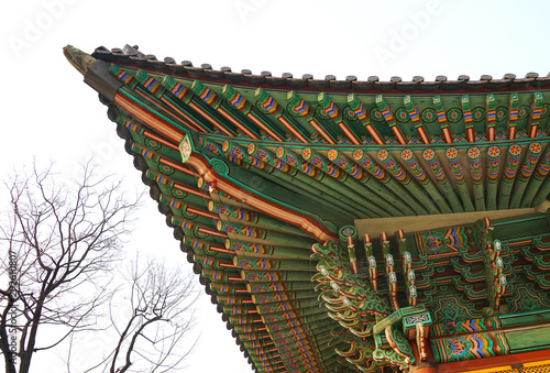 Part of the roof of an ancient Korean palace building. Deoksugung Palace, Seoul.