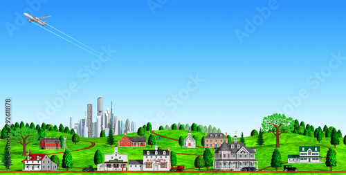 Panoramic cityscape and big city, clear sky and jet plane in 3d rendering