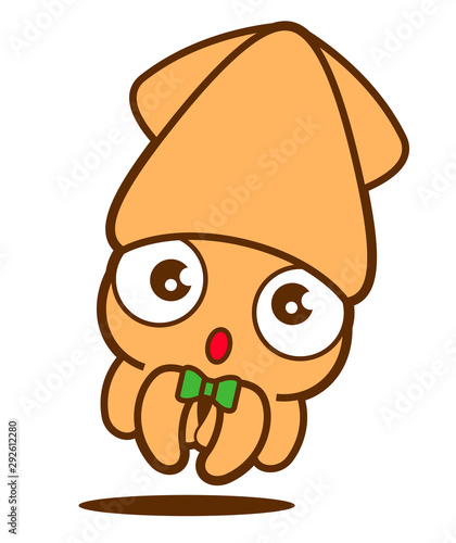Cartoon cute squid with bowtie, vector mascot character. Isolated.