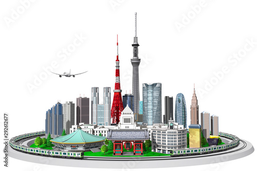 Photography Tokyo white background surrounded by train in 3d rendering