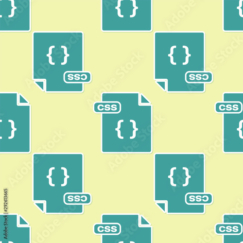 Green CSS file document. Download css button icon isolated seamless pattern on yellow background. CSS file symbol. Vector Illustration
