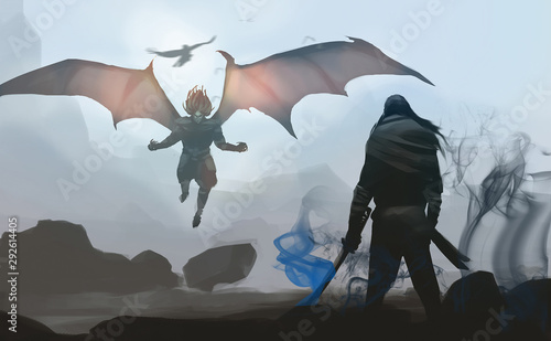 Картината върху платно Digital illustration painting design style a samurai against last devil's boss, ready to fighting