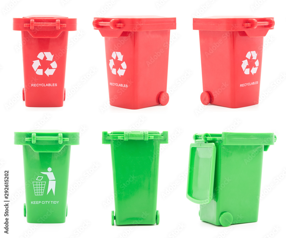 Set of red and green plastic trash can toys isolated on white background Set of red and green plastic trash can toys isolated on white background