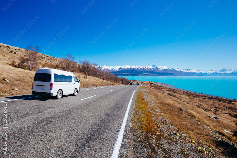 Lake Pukaki Driving on a Sunny Day in New Zealand