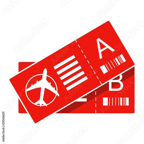 Modern airline travel boarding pass two tickets. Red flat style icon. Isolated on white background. 