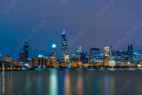 Chicago Cityscape Skyscraper river side along Lake Michigan at beautiful twilight time, Illinois, United States of america, USA, Business Architecture and building with tourist concept
