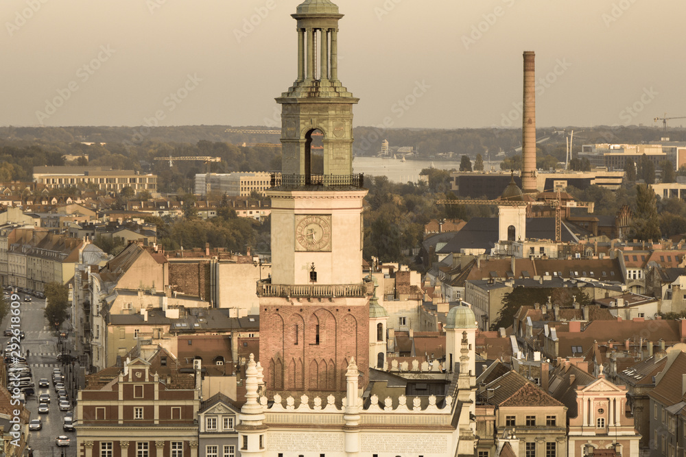 Poznan, Poland - October 12, 2018: View at sunset on town hall and other buildings in polish city Poznan
