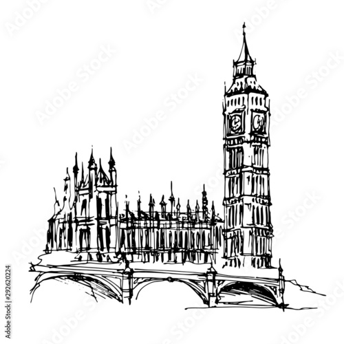 Elizabeth Tower, Big Ben sight. UK symbol hand drawn line art sketch on white background.