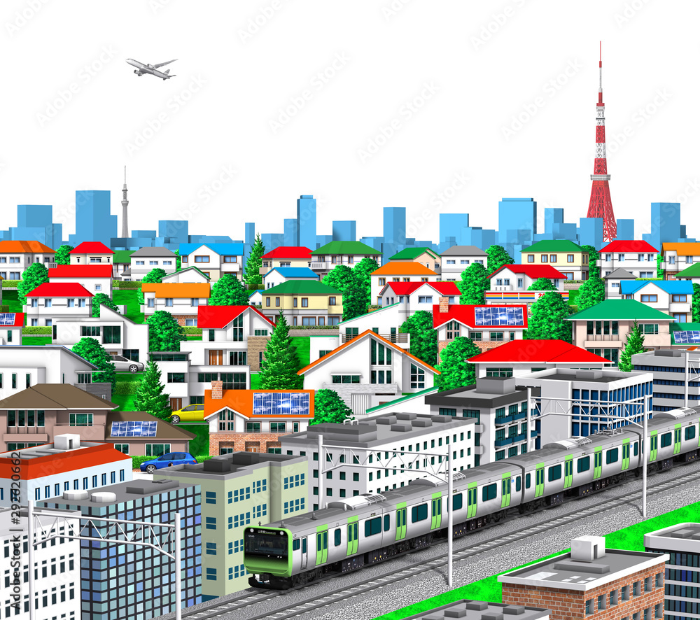 Tokyo city skyline and tower white background with 3d rendering train