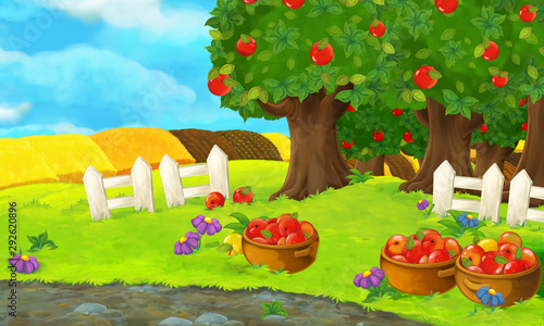 Cartoon scene with apple garden on the farm during beautiful day - illustration for children