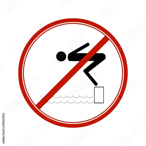 No jumping. Dangerous dive. Sign danger on beach, in river, sea, aqua. Warning of danger during jump in. Colorful template for poster, etc. Design flat element. Vector illustration