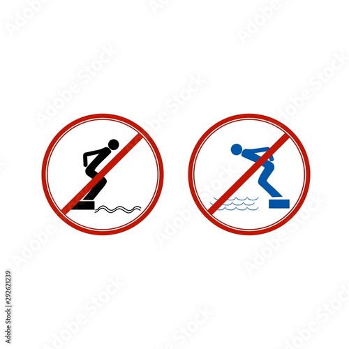 No jumping set. Dangerous dive. Sign danger on beach, in river, sea, aqua. Warning of danger during jump in. Colorful template for poster, etc. Design flat element. Vector illustration