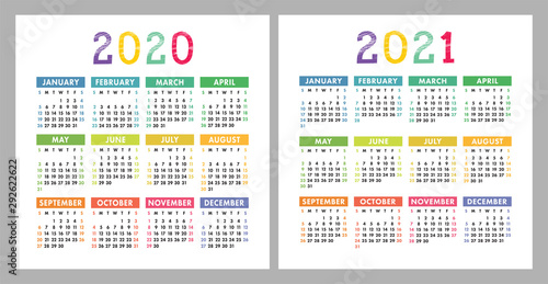 Calendar 2020, 2021. Square vector calender design template. English colorful set. Week starts on Sunday. New year
