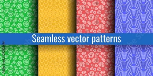 Multicolored seamless pattern set. Kiwi, wave, raspberry. Fruits, berries. Fashion print. Design elements for textiles or clothes. Hand drawn doodle cute wallpaper. Abstract background