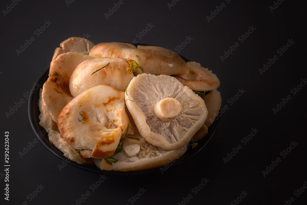 Salted mushrooms on a dark background. Low key. Copy space. Close-up Salted mushrooms on a dark background. Low key. Copy space. Close-up