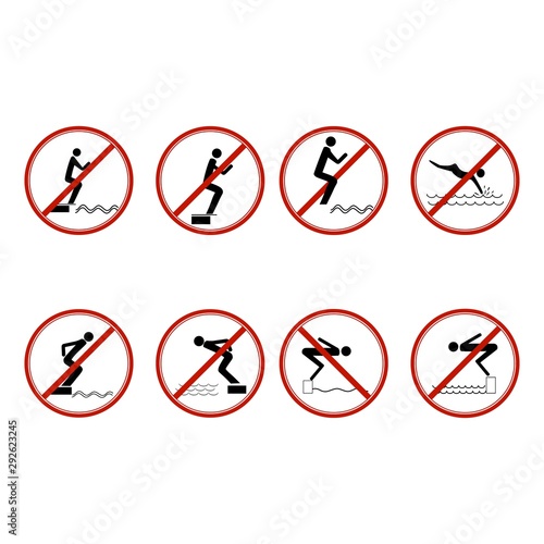 No jumping set. Dangerous dive. Sign danger on beach, in river, sea, aqua. Warning of danger during jump in. Monochrome template for poster, etc. Design flat element. Vector illustration