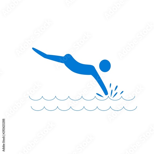 Place for jumping in water. Safety dive. Sign safeness on beach, in river, sea. Warning of protection during jump in. Colorful template for poster. Design flat element. Vector illustration