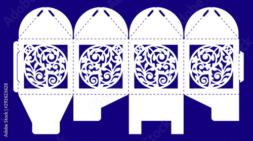 Openwork box with a lace ornament. Vector bonbonniere for baptism, party, christmas. Laser cutting template. Silhouette of Xmas decoration ball. Cube gift framework to print, cut and fold.