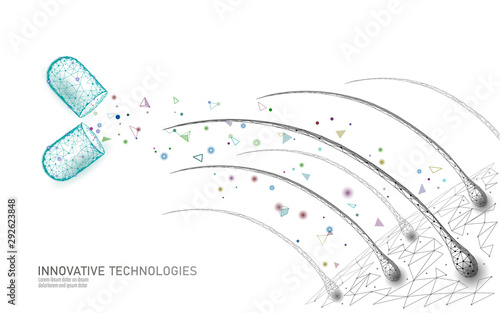 Hair protect care cosmetic technology 3D concept. Hair follicles structure repair supplement vitamins treatment. Anatomy strands medicine render vector illustration
