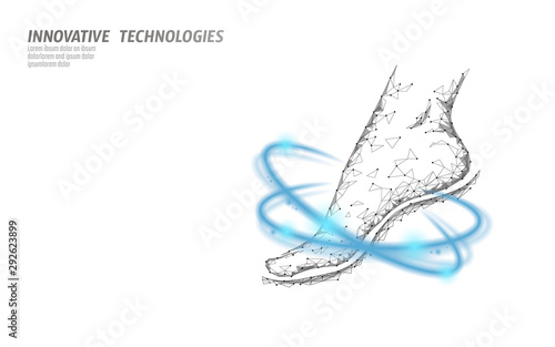 Shoes technology science fitness flexibility. Human woman fitness foot glowing rings. Low poly futuristic polygonal sport footwear design. Vector illustration blue