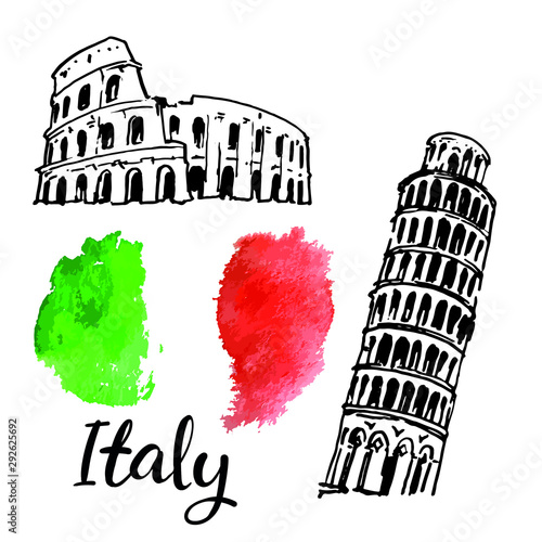 Italian ancient building: the Colosseum and Leaning Tower of Pisa. Hand drawn doodle sketch on white background with Watercolor Italian flag. Line art stock vector illustration.