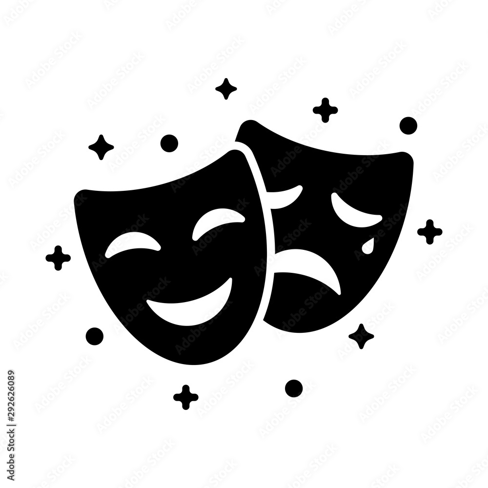 Comedy and tragedy masks. Black icon funny and sad mask, cartoon style.  Happy and unhappy traditional symbol of theater. Vector illustration flat  design. Isolated on white background. Stock Vector | Adobe Stock