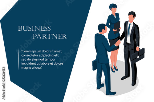 Handshake businessmens and woman secretary on a deal. Vector illustration 3d isometric design. Landing page meeting businesspeople. Two human shake hand. Professional people. Deal agreement.