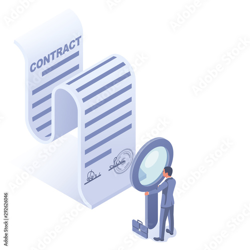 Businessman hold magnifying glass check contract. Studying terms of agreement. Signing business document. landing page inspection legal paper. Successful deal. Vector illustration isometric design.