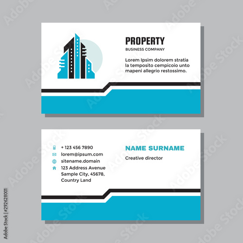 Business visit card template with logo - concept design. Real estate property management. Vector illustration. 
