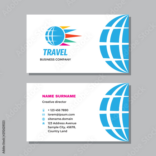 Business visit card template with logo - concept design. Globe travel branding. Vector illustration. 