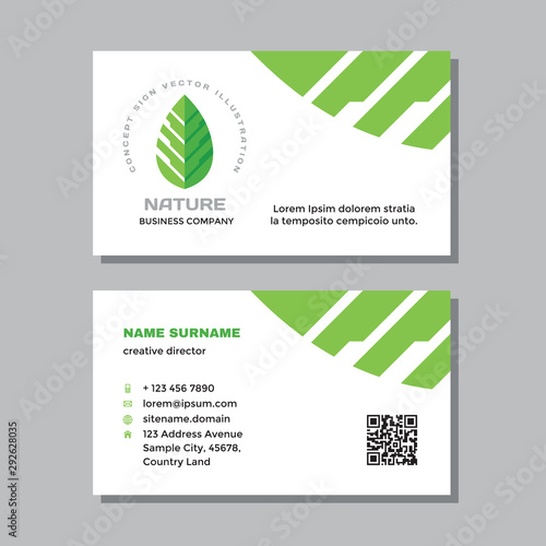 Business visit card template with logo - concept design. Nature green leaf branding. Vector illustration. 