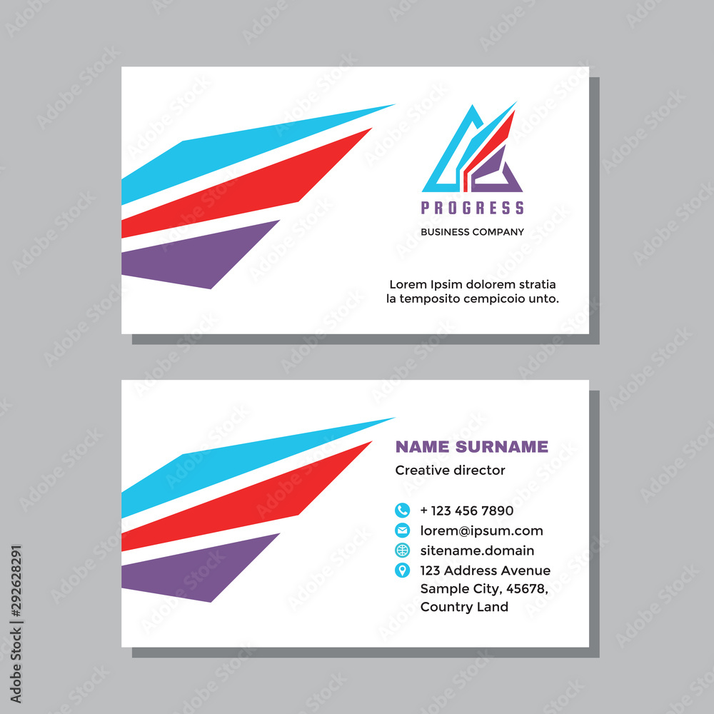 Business visit card template with logo - concept design. Triangle pyramid branding. Vector illustration. 