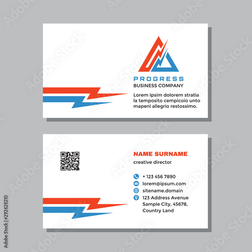 Business visit card template with logo - concept design. Power energy lightning branding. Vector illustration. 