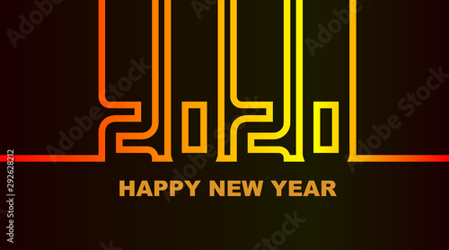 Year 2020 - simple greeting card, invitation, flyer, poster or design element - warm yellow-orange-red neon outline - vector